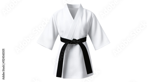 Karate uniform with black belt on a white transparent background. photo