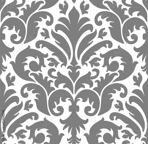 Seamless damask pattern in grayscale with stylized floral motifs and decorative symmetry.