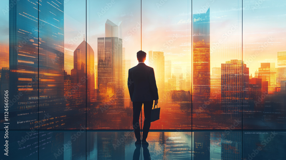 Business professional in dynamic urban settings with futuristic lighting.
