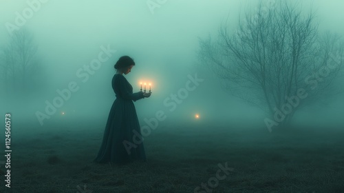 Mysterious woman holding candles in foggy forest during twilight