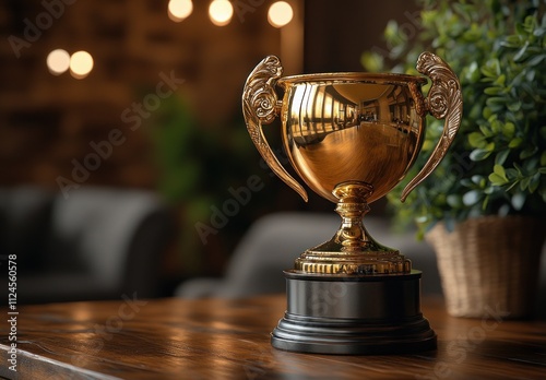 Golden Trophy Award for Best Competition Achievement Success in Sport Medal Prize Ranking Dais Platform Cup Victory Champion photo