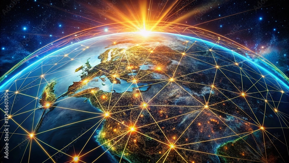 Fototapeta premium Abstract Digital Data Network Surrounding Earth Illustrating Global Connectivity in Scientific Technology, Drone Photography Perspective Highlighting Data Flow and Interconnectivity