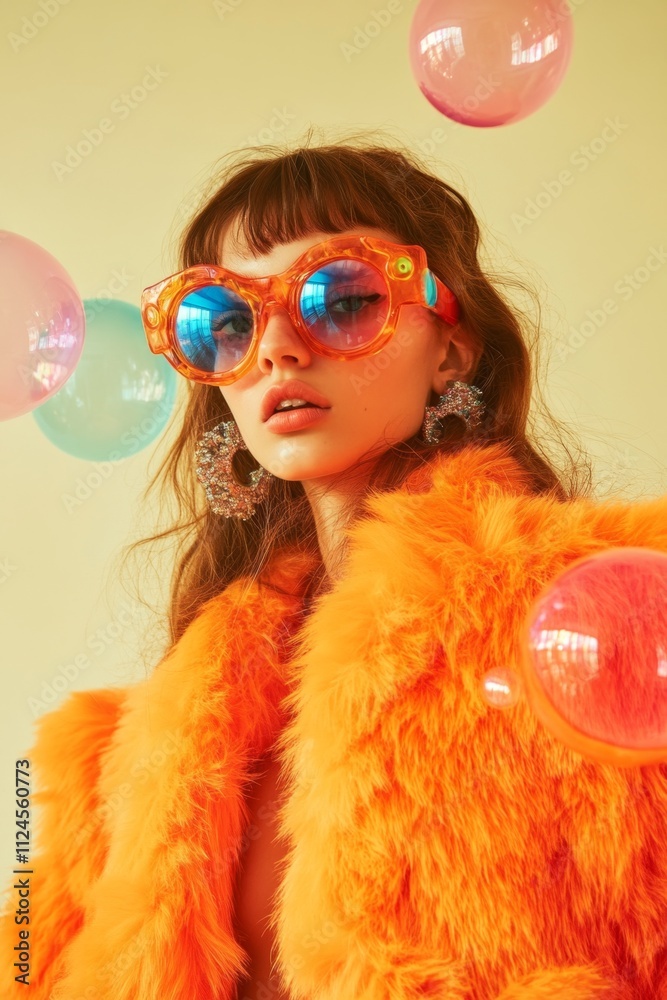 Vibrant fashion portrait with orange fur coat and oversized sunglasses in bubble background Vibrant fashion portrait with orange fur coat and oversized sunglasses in bubble background