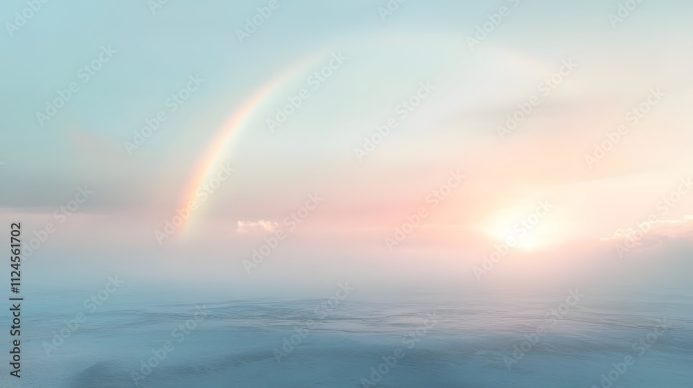 A soft pastel rainbow arcing across the sky, with a calm, empty landscape below and large space for text A soft pastel rainbow arcing across the sky, with a calm, empty landscape below and large space for text
