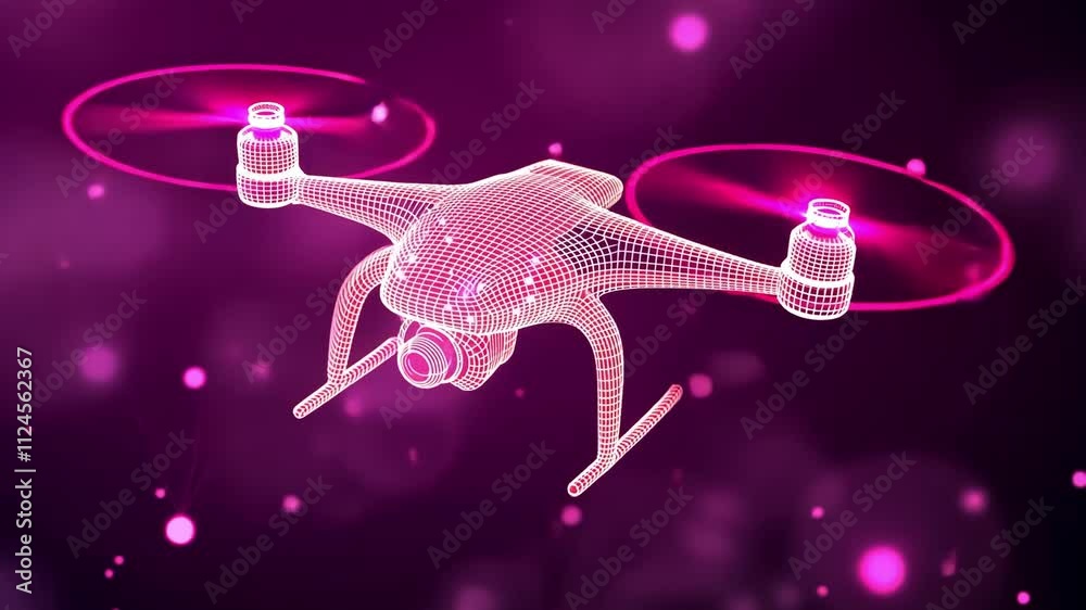 Futuristic wireframe hologram of an advanced drone in vivid pink light