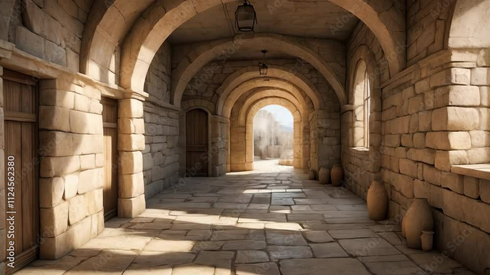 An architectural interior scene featuring a stone corridor with an arched entrance An architectural interior scene featuring a stone corridor with an arched entrance