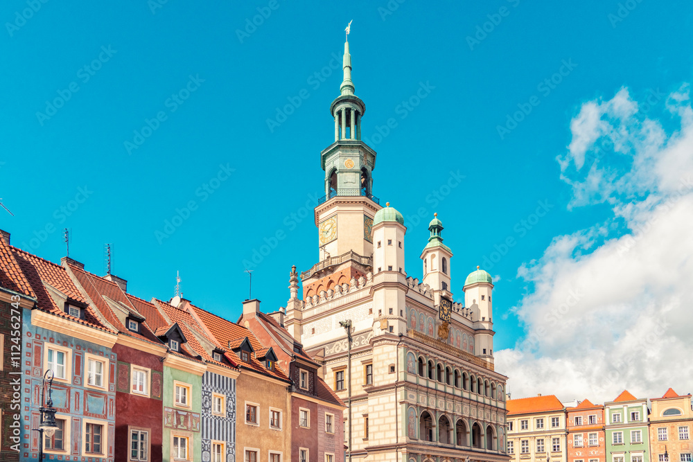 The Town Hall at the old market square with blue sky in Poznan, Poland, nobody The Town Hall at the old market square with blue sky in Poznan, Poland, nobody