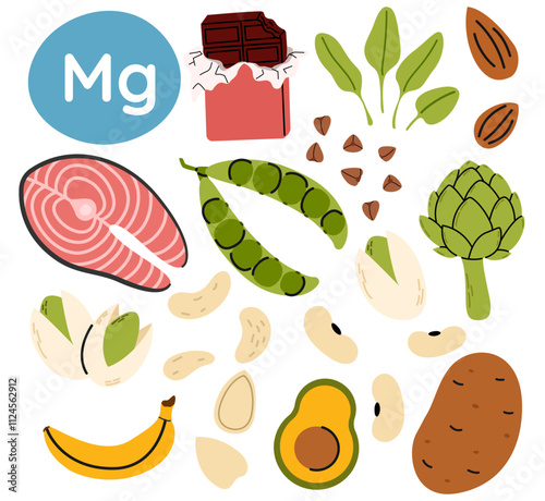 Collection of vitamin magnesium food sources. Healthy diet products. Salmon, pea, nuts, potato, almond. Organic nutrition