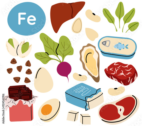 Collection of iron food sources. Healthy diet products. Oysters, beet, eggs, chocolate, meat, tofu. Organic nutrition