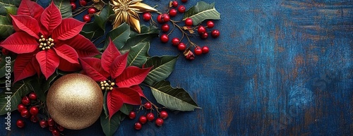 Stylish Christmas background with red poinsettia flowers photo