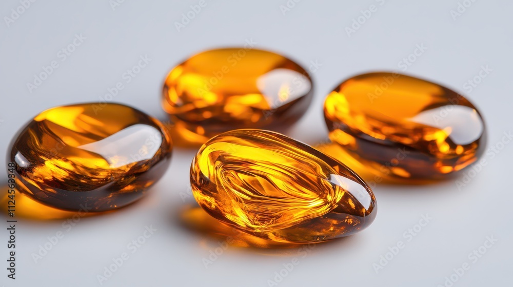 Four glossy amber capsules arranged on a light surface, showcasing their smooth texture and vibrant color. Four glossy amber capsules arranged on a light surface, showcasing their smooth texture and vibrant color.