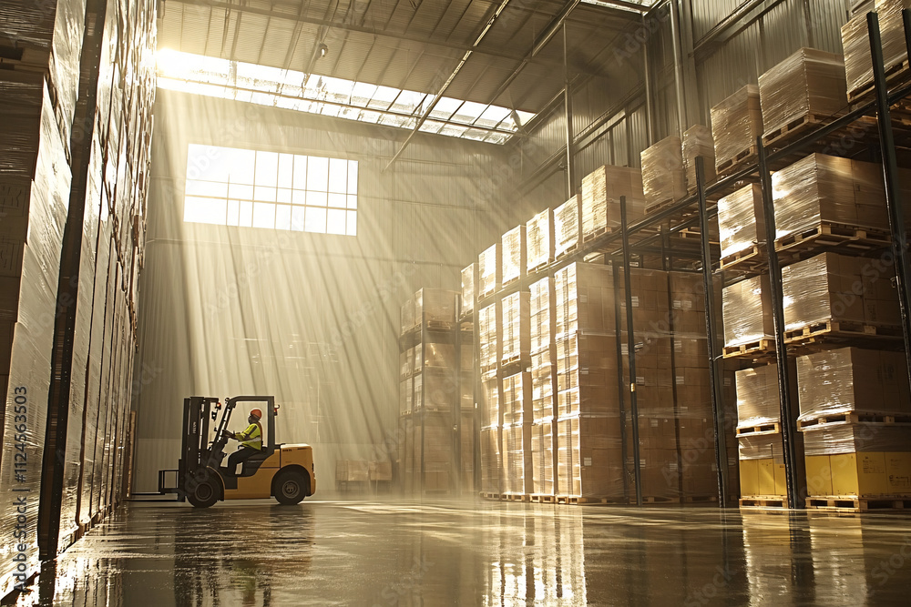 A forklift in a warehouse filled with stacked pallets bathed in dramatic golden sunlight streaming through high windows
A forklift in a warehouse filled with stacked pallets bathed in dramatic golden sunlight streaming through high windows