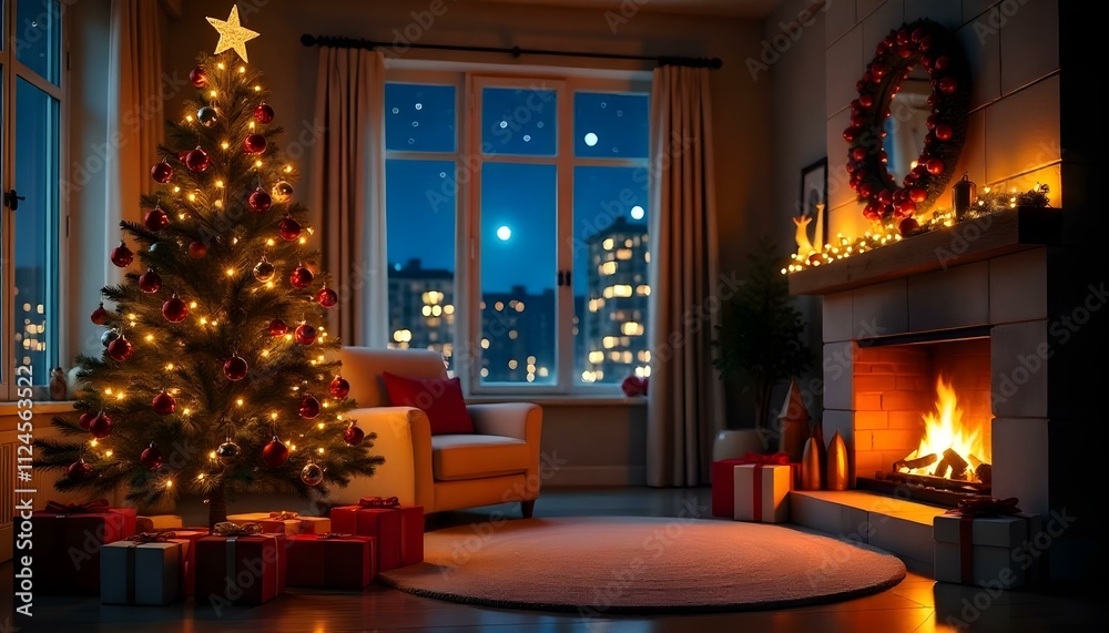 Christmas room with tree and fireplace Christmas room with tree and fireplace