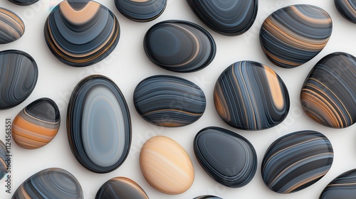 A collection of smooth, oval stones in various shades of blue, gray, and beige, showcasing natural patterns and textures.