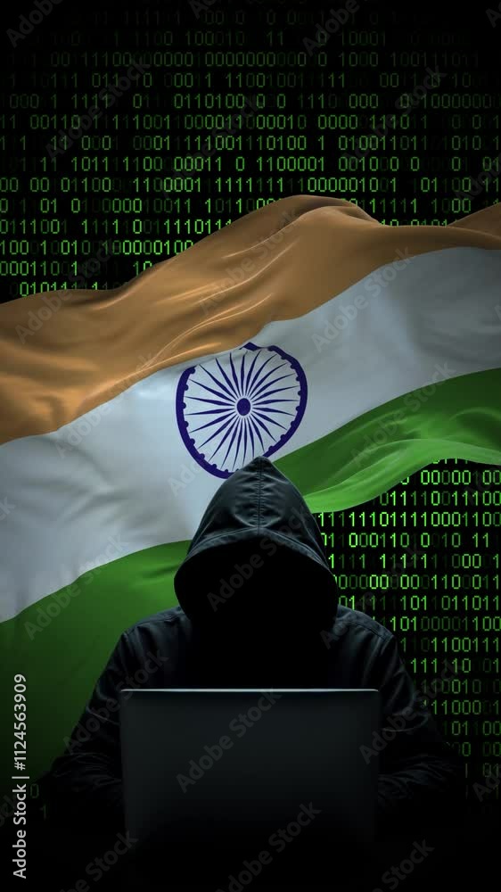 India flag - 3D realistic waving flag on matrix digital background with binary code