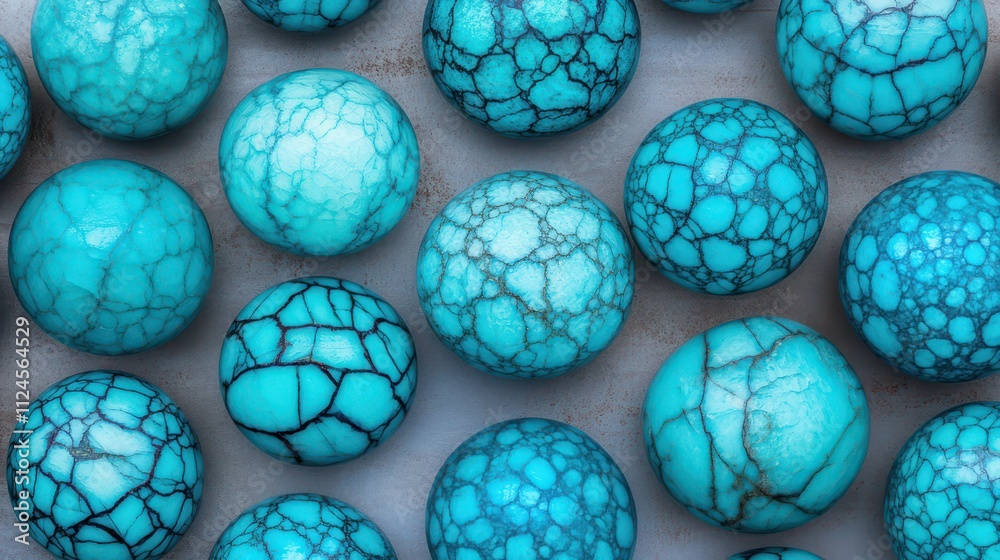 A vibrant arrangement of turquoise beads showcasing intricate crack patterns and glossy surfaces, creating an eye-catching visual display.