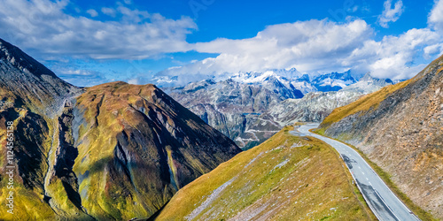 Aerial view of the road to Furkapass in the Swiss Alps, Kanton Wallis