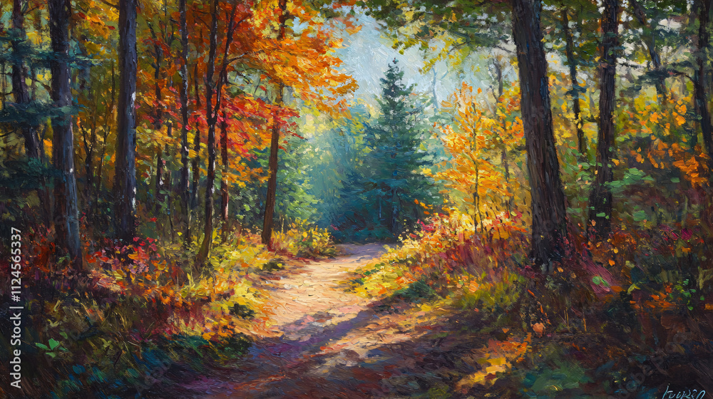 A narrow autumn trail winding through a vibrant forest, with a patch of sunlight shining through the trees and highlighting the vibrant foliage. A narrow autumn trail winding through a vibrant forest, with a patch of sunlight shining through the trees and highlighting the vibrant foliage.