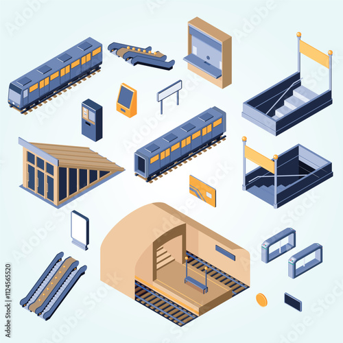 Subway metro underground railway transportation isometric set with entry exit staircases escalator ticket card coach vector illustration