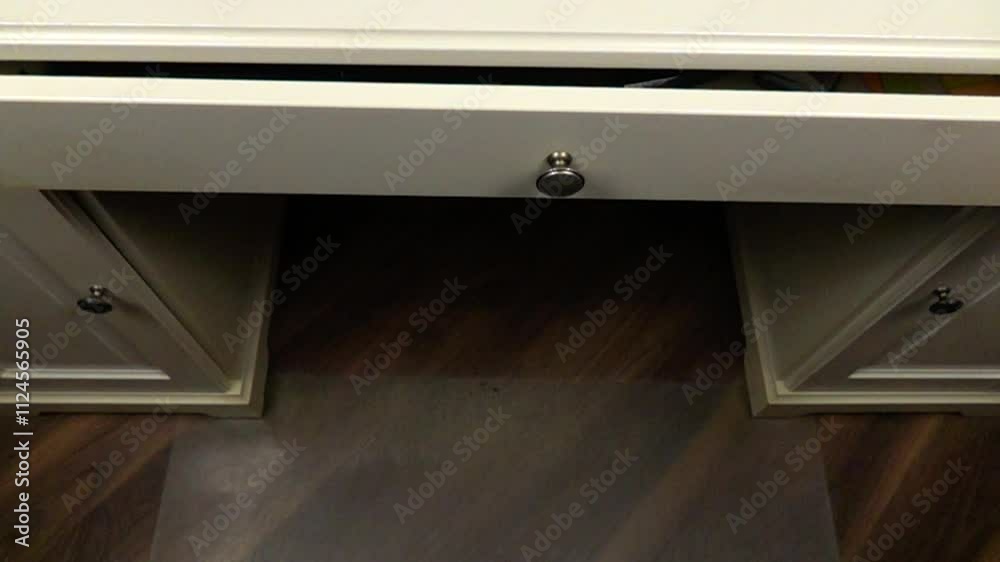 White desk drawers with stationery and office supplies, organizing and storing things in the house, pushing out desk drawer, slow motion White desk drawers with stationery and office supplies, organizing and storing things in the house, pushing out desk drawer, slow motion