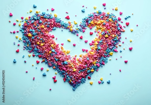 Heart Shape Made of Colorful Candy Sprinkles Isolated on White Background Top View