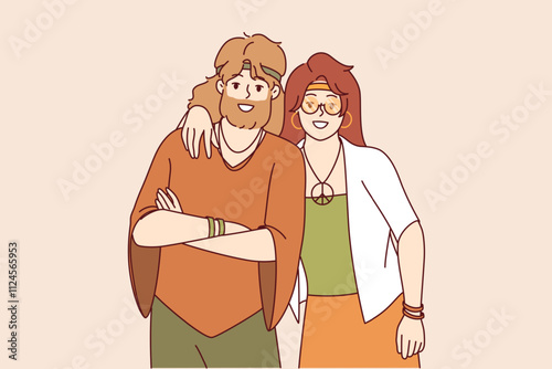 Hippie man and woman stand in embrace and smile, rejoicing at presence of free youth subculture. Two hippies with pacific symbol on necks call for informal lifestyle and to be non-conformist