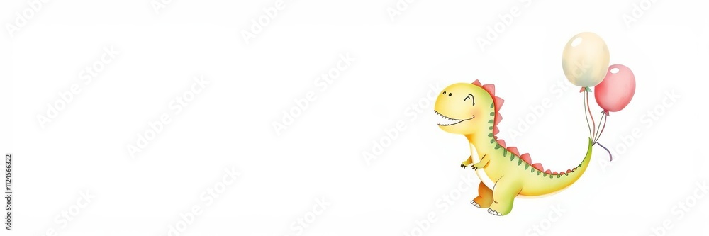 Obraz premium Watercolor hand drawn illustration of a cute cartoon dinosaur flying with balloons, perfect for baby shower or postcards, white background, watercolor