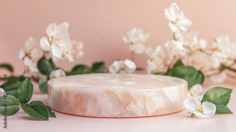 Empty light marble stone podium stand for cosmetics and product display on abstract pastel background with flowers and green leaves. Empty light marble stone podium stand for cosmetics and product display on abstract pastel background with flowers and green leaves.