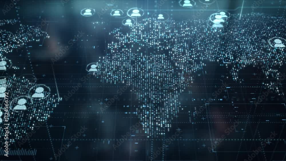 Digital world map with users worldwide connections. Global social media network and web 3.0 communication on earth background. Cloud storage and blockchain technology concept. Internet vpn location