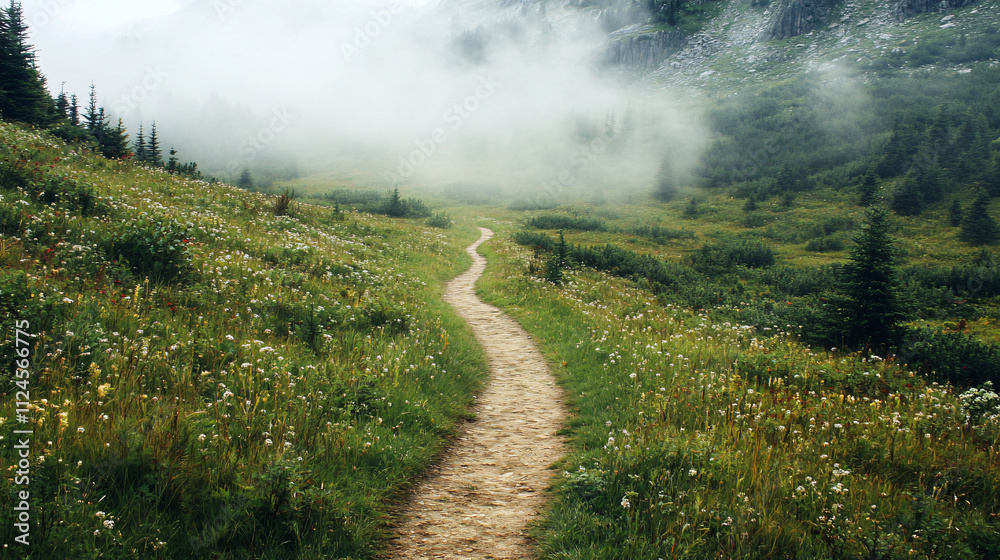 A narrow dirt path winding through fog-shrouded meadows. A narrow dirt path winding through fog-shrouded meadows.