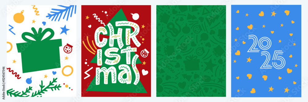 Fototapeta premium Merry Christmas and Happy New Year greeting card Set. Modern typography Xmas design with beautiful elements