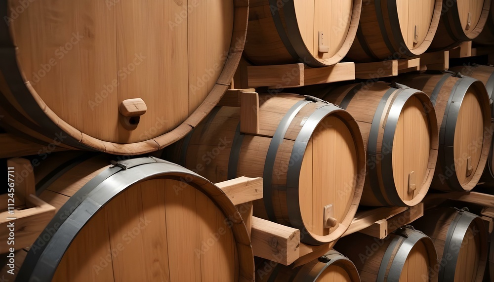 Wooden barrels stacked in a cellar, with metal hoops and wooden slats visible. The barrels appear to be used for aging wine or other alcoholic beverages Wooden barrels stacked in a cellar, with metal hoops and wooden slats visible. The barrels appear to be used for aging wine or other alcoholic beverages