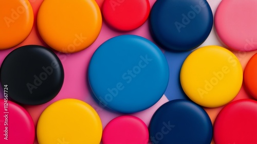 A colorful array of round buttons, some of which are blue and some of which are red. The buttons are arranged in a circle, with some overlapping and some not. Scene is playful and whimsical