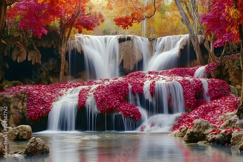 Oil painting landscape - colorful autumn forest Waterfall in the autumn forest. Beautiful forest waterfall in autumn season. realistic background photo