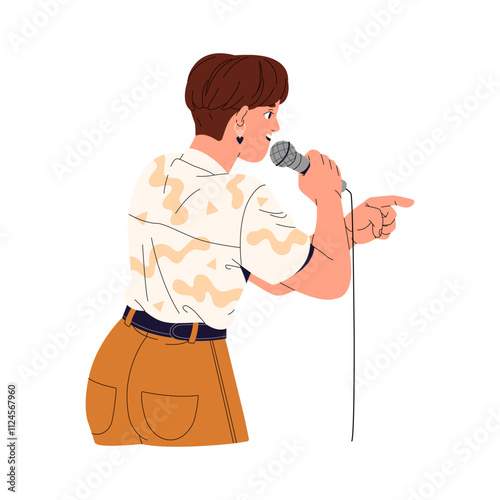 Comic with microphone in comedy performance. Speaker performs, pointing finger during standup concert. Performer shows on stage with mic. Public speaking. Flat isolated vector illustration on white