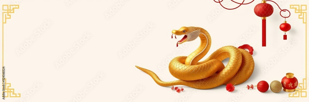 Fototapeta premium Vibrant red and gold decorations for Vietnamese New Year Tet 2025, featuring traditional symbols and imagery of the snake zodiac sign, red, symbols