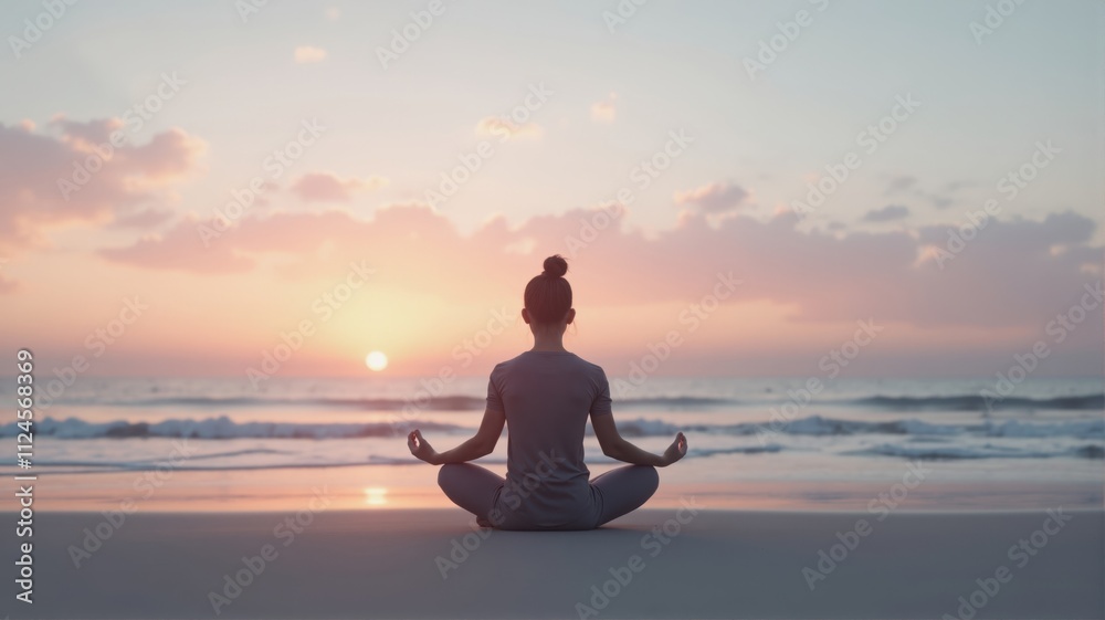 Woman meditating on beach at sunrise, finding inner peace and harmony Woman meditating on beach at sunrise, finding inner peace and harmony