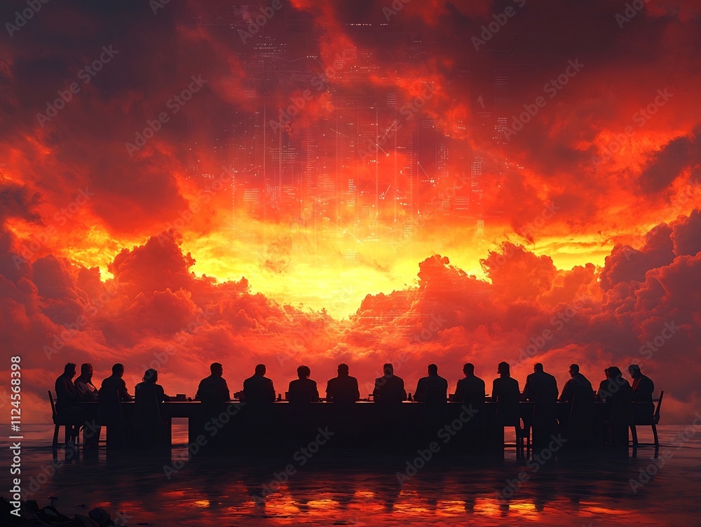 Fototapeta premium Dramatic Fiery Sunset Sky over Silhouettes of Corporate Shareholders Gathered around High Tech Conference Table Analyzing Holographic Business Data