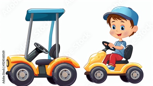 A cartoon boy is driving a yellow toy car.