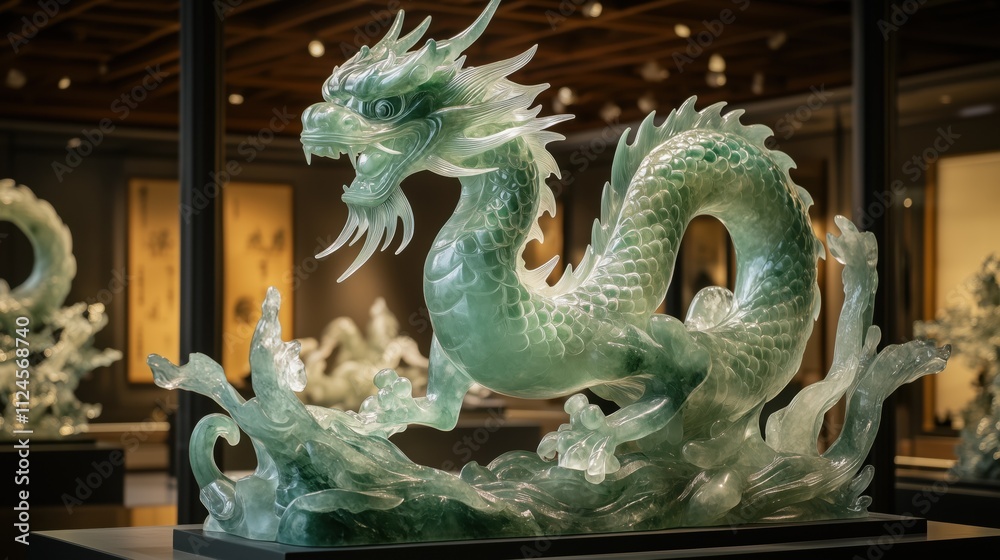 Fototapeta premium Intricate jade dragon sculpture in asian art museum display