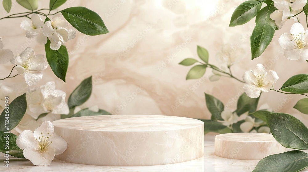 Empty light marble stone podium stand for cosmetics and product display on abstract pastel background with flowers and green leaves. Empty light marble stone podium stand for cosmetics and product display on abstract pastel background with flowers and green leaves.