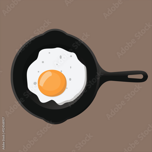 fried egg on a pan, the egg has a white cooked egg white and a yellow yolk in the center. The background is a solid brown color, making the frying pan and egg stand out distinctly.