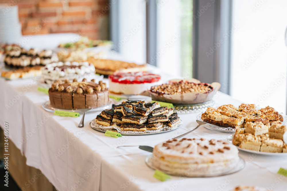Naklejka premium Ein reichhaltiges Kuchenbuffet mit verschiedenen Torten und Kuchen, darunter Schokoladentorte, Obstkuchen und Sahnetorten. Die Leckereien sind auf einer weiß gedeckten Tafel angerichtet.