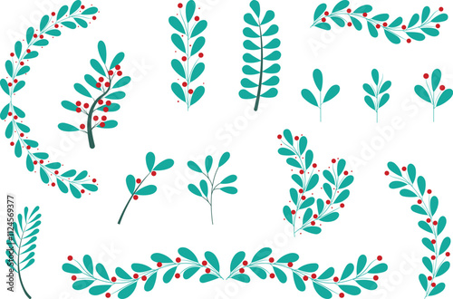 Set Of Red Cherries And Green Leaves For Decorating Wreaths