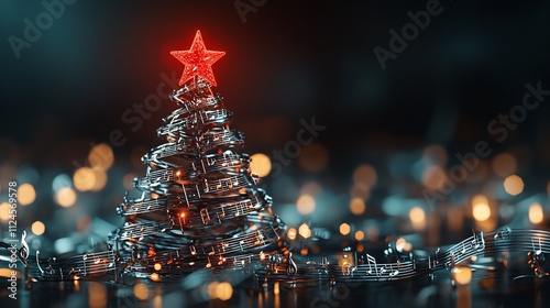 Abstract metallic Christmas tree with music notes and lights.