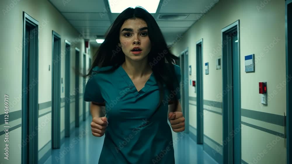 Nurse running through hospital corridor during an emergency situation late at night