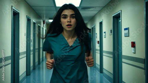 Nurse running through hospital corridor during an emergency situation late at night