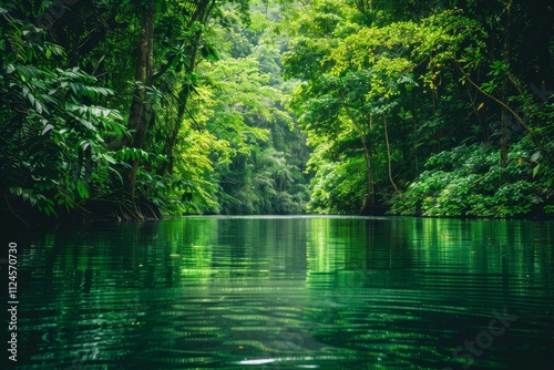 A tranquil setting features emerald waters surrounded by lush tropical rainforest, creating a picturesque scene of vibrant greenery under bright daylight.