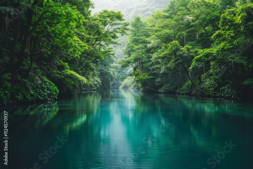A peaceful river runs through a dense, green forest, shrouded in morning mist. The clear water reflects the vibrant foliage, creating a calming atmosphere of nature's splendor.