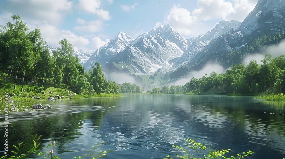 A serene alpine landscape with snow-capped peaks and a crystal-clear mountain lake. A serene alpine landscape with snow-capped peaks and a crystal-clear mountain lake.